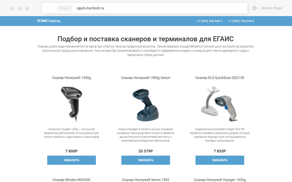 Пример готовой работы по вёрстке посадочной страницы для компании по подбору и поставке сканеров и терминалов для ЕГАИС
